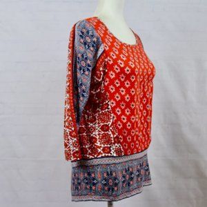 Lucky Brand Boho Mixed Print Split Top S